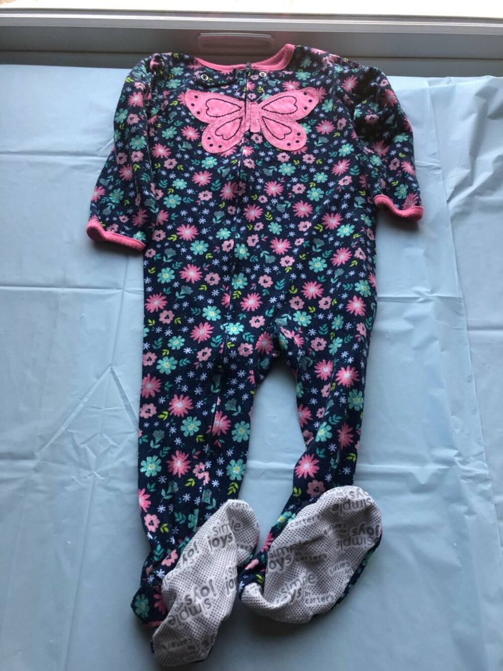 Carter's Simple Joys 24m Footie Pajamas; Dark blue w/pink butterfly/flowers